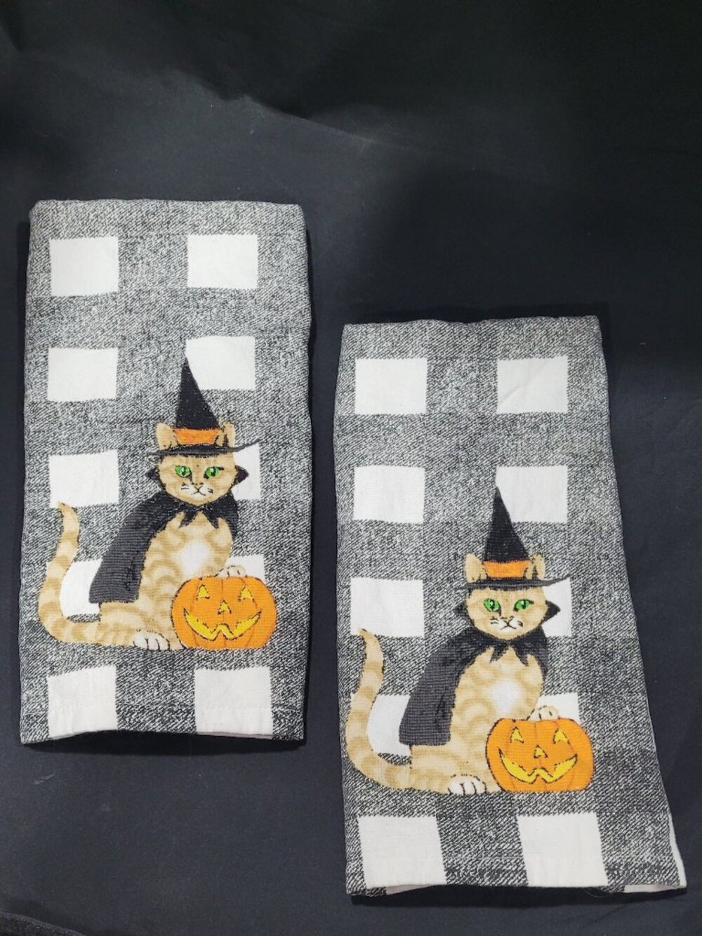 Set of 2 New Kitten Witch Halloween Fall Black & White kitchen towels NOVOGRATZ
